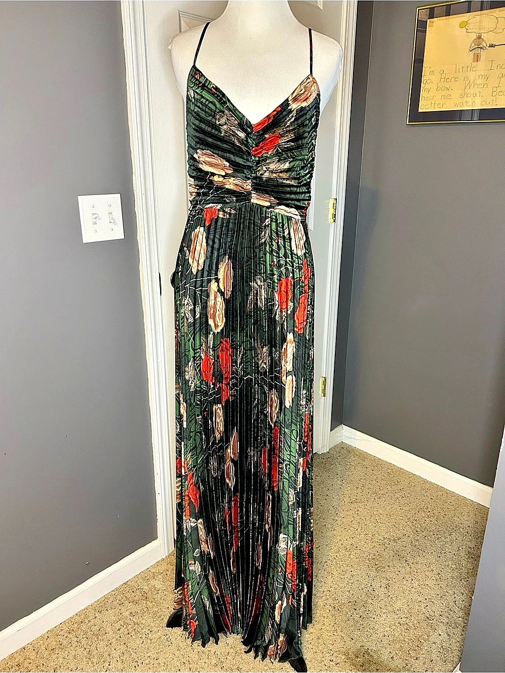 NWOT Petal + Pup Naira Pleated Green Sleeveless Rose Maxi Dress Size 6